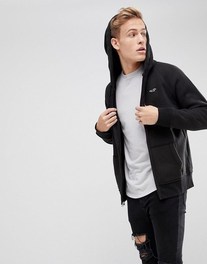 Hollister Full Zip Icon Logo Hoodie In Black - Black