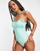 Asos Design Tie Shoulder Lettuce Edge Swimsuit In Two Tone Floral Print-multi