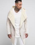 Black Kaviar Hooded Wrap Coat With Fleece Lining - Beige