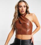Missguided Cross Front Top In Tan Faux Leather-brown