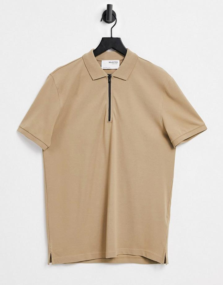 Selected Homme Relaxed Fit Polo With Black Zip In Beige-neutral