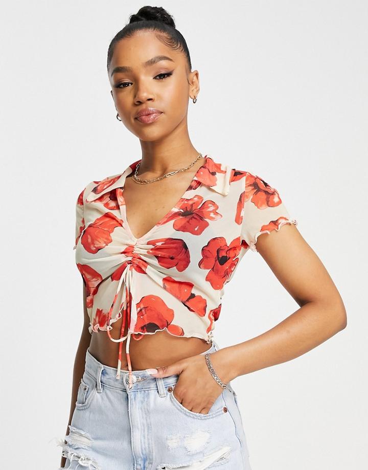 Monki Tie Front Blouse In Floral Print In Multi