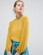 Traffic People High Neck Blouse With Contrast Piping - Yellow