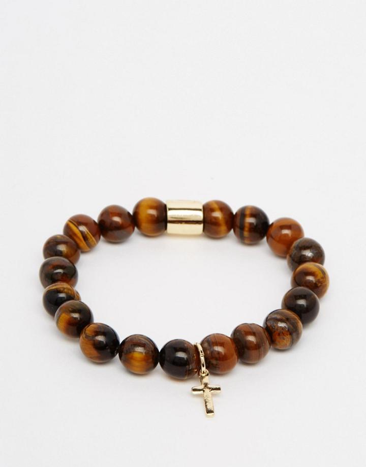 Chained & Able Hanging Cross Tigerseye Beaded Bracelet - Brown