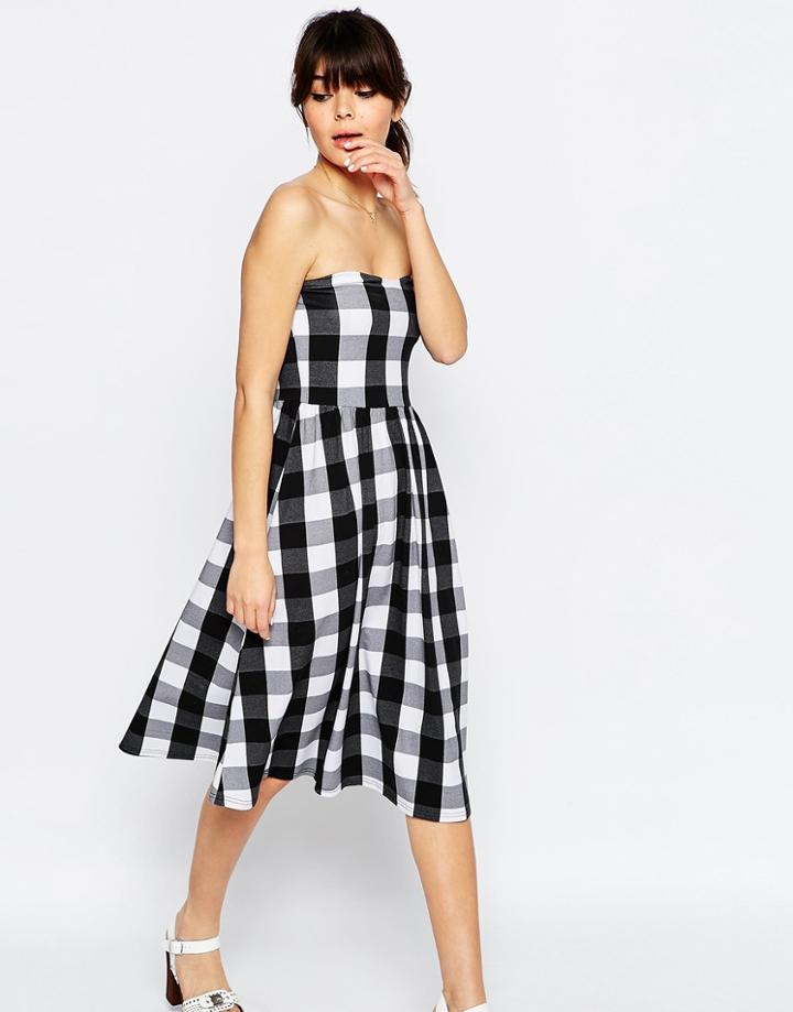 Asos Midi Bandeau Dress In Gingham Print - Mono