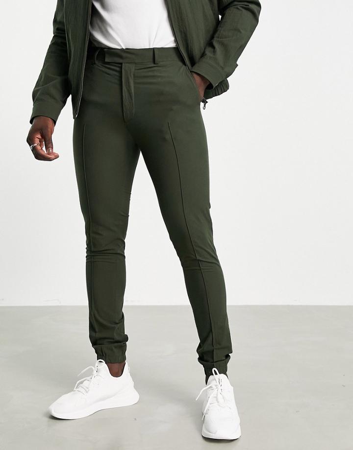 Asos Design Smart Skinny Pants With Elastic Cuff In Green Seersucker