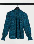 New Look Shirred Detail Blouse In Blue Leopard Print