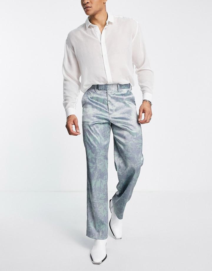 Asos Design Smart Wide Leg Pants In Abstract Wave Print In Khaki-neutral