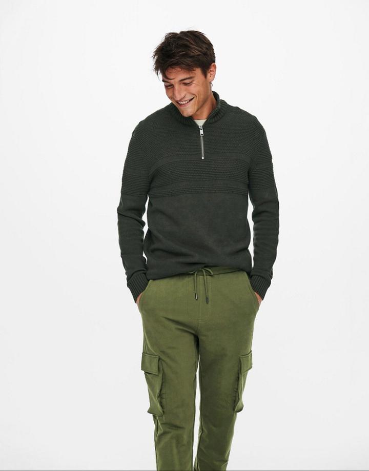 Only & Sons Textured Sweater With Quarter Zip In Khaki-green