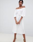 Asos Design Bardot Midi Dress With Belt - White
