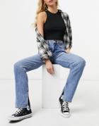 New Look Side Slit Straight Leg Jeans In Mid Blue-blues