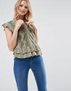 Asos Blouse With Ruffle Hem & Lace - Green