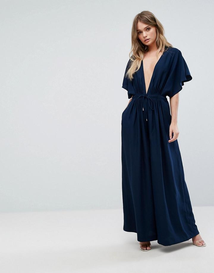 Aq/aq Plunge Front Wide Leg Jumpsuit - Navy