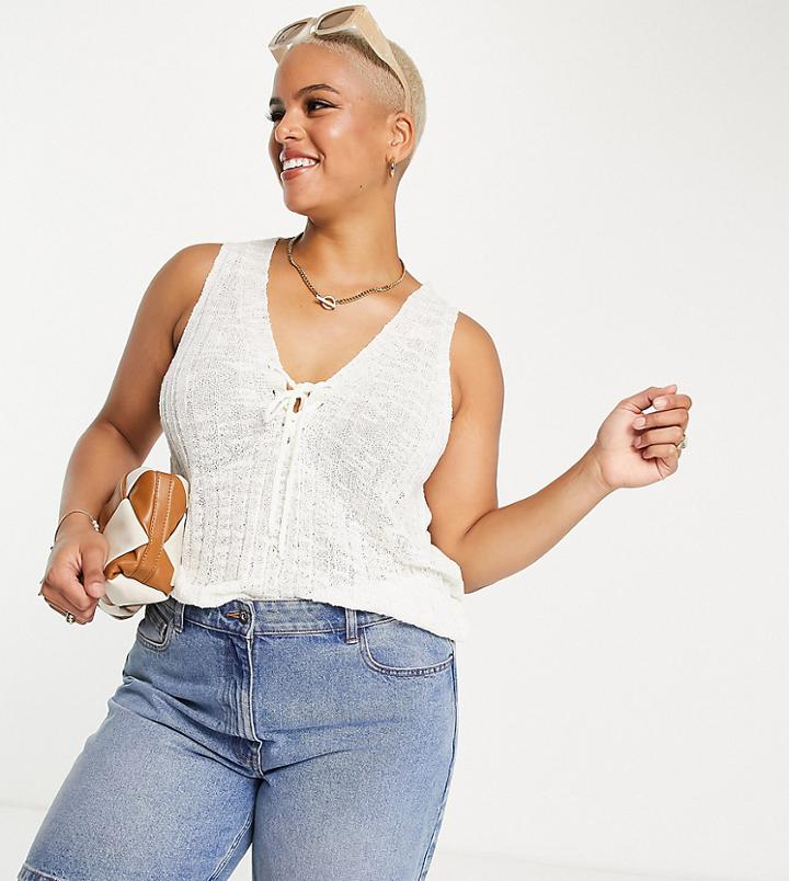 Asos Design Curve Knitted Sleeveless Top With Lace Up Detail In Cream-white