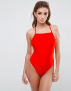 Asos Square Neck Strap Back Swimsuit - Red