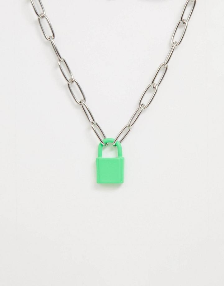 Asos Design Necklace With Color Padlock And Hardware Chain In Silver Tone