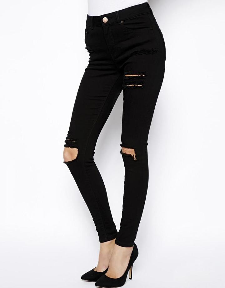 Asos Ridley High Waist Ultra Skinny Jeans In Clean Black With Thigh Rip