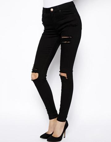 Asos Ridley High Waist Ultra Skinny Jeans In Clean Black With Thigh Rip
