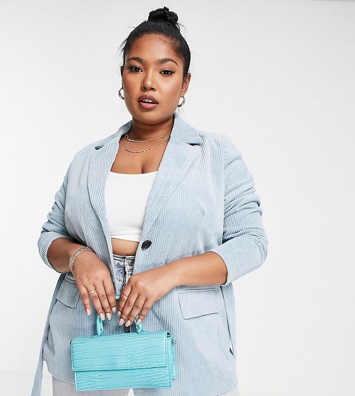 Only Curve Cord Belted Blazer In Blue