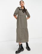 New Look Collar Plaid Midi Dress In Brown