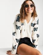 Topshop Knitted Butterfly Print Crop Cardi-white