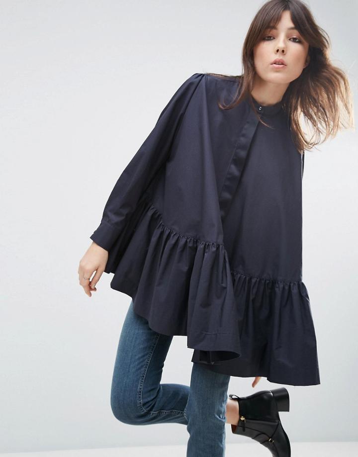 Asos White Long Sleeve Frill Hem Oversized Shirt - Navy