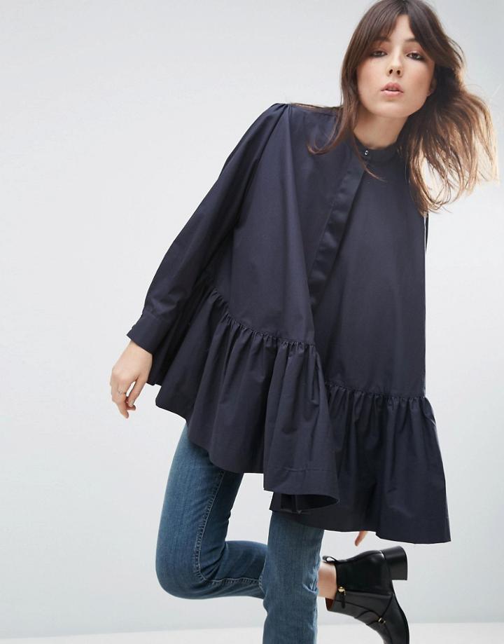 Asos White Long Sleeve Frill Hem Oversized Shirt - Navy