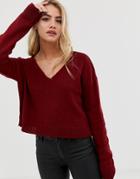 Asos Design Cropped Sweater In Fluffy Yarn And Off Shoulder - Red