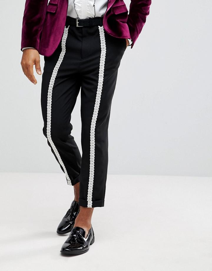 Asos Skinny Smart Pants With Lace Stripe Front & Back - Black