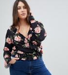 Asos Curve Ruffle Wrap Top In Floral - Black