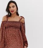 Asos Design Maternity Long Sleeve Shirred Front Top With Cold Shoulder In Ditsy Print - White
