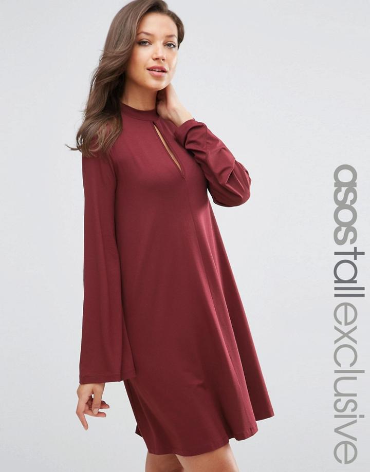 Asos Tall Swing Dress With Long Sleeves And Keyhole - Burgundy