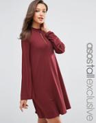 Asos Tall Swing Dress With Long Sleeves And Keyhole - Burgundy