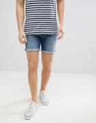 Asos Denim Shorts In Skinny Mid Wash With Abrasions - Blue