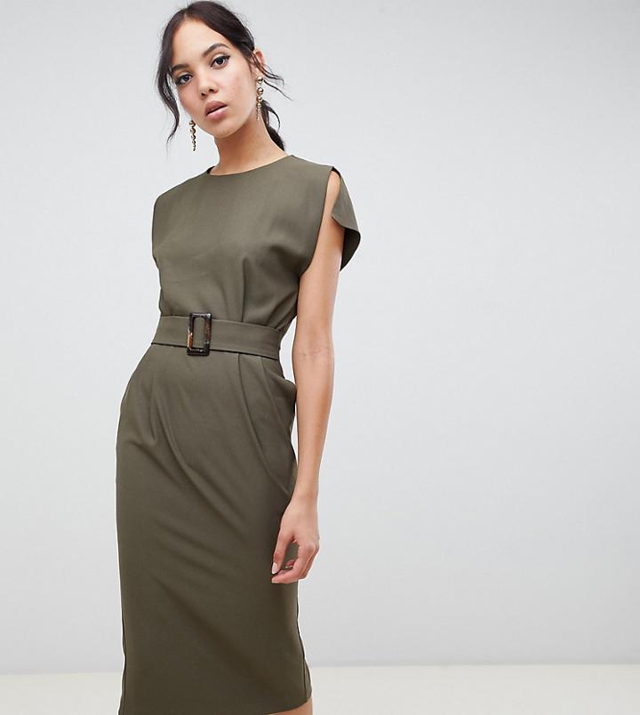 Asos Design Tall Split Cap Sleeve Midi Pencil Dress With Buckle-green