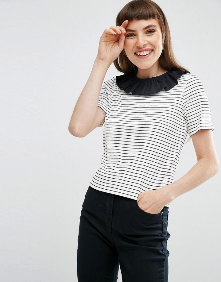 Asos Top With Frill Neck In Stripe Rib - Multi