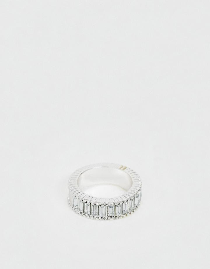 Asos Design Ring With Baguette Crystal Stones In Silver Tone - Silver
