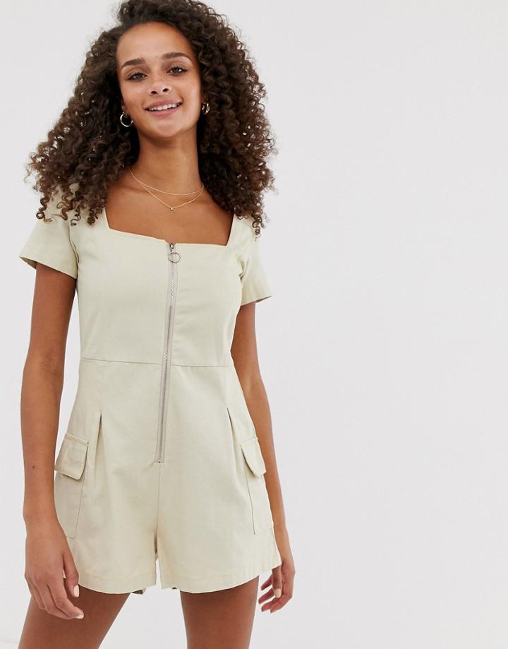 Daisy Street Utility Romper With Ring Pull-beige