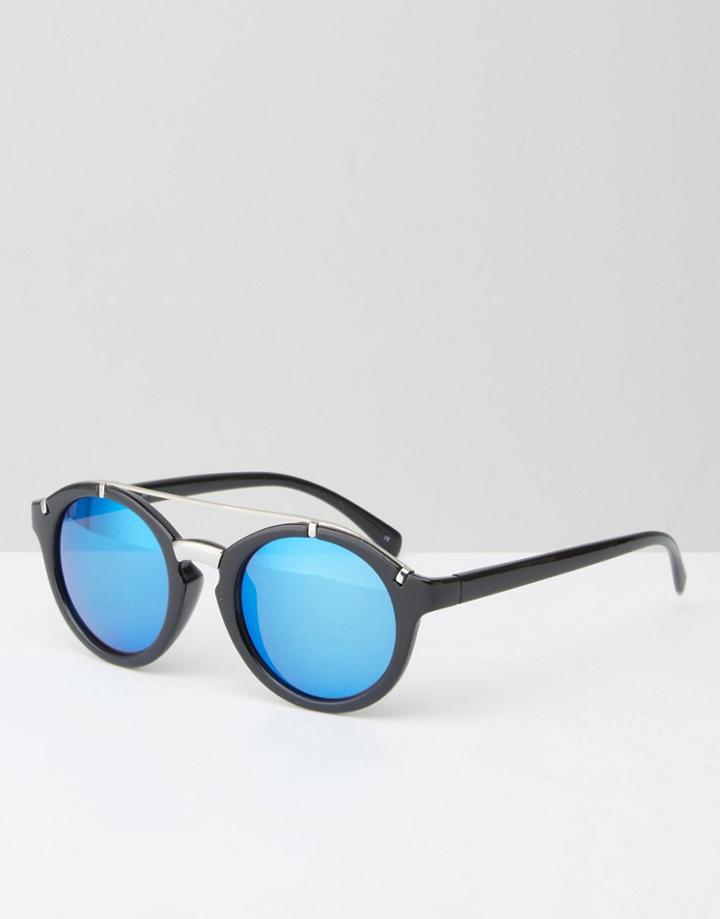 Jeepers Peepers Round Sunglasses In Black With Brow Bar And Mirror Lens