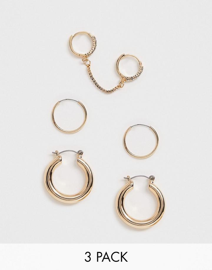 Asos Design Pack Of 3 Hoop Earrings With Crystal Chain Link In Gold Tone - Gold