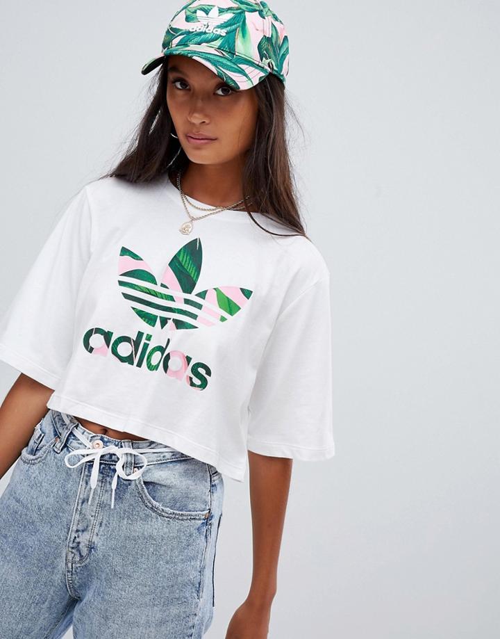 Adidas Originals X Farm Cropped T-shirt With Trefoil Logo In White - White