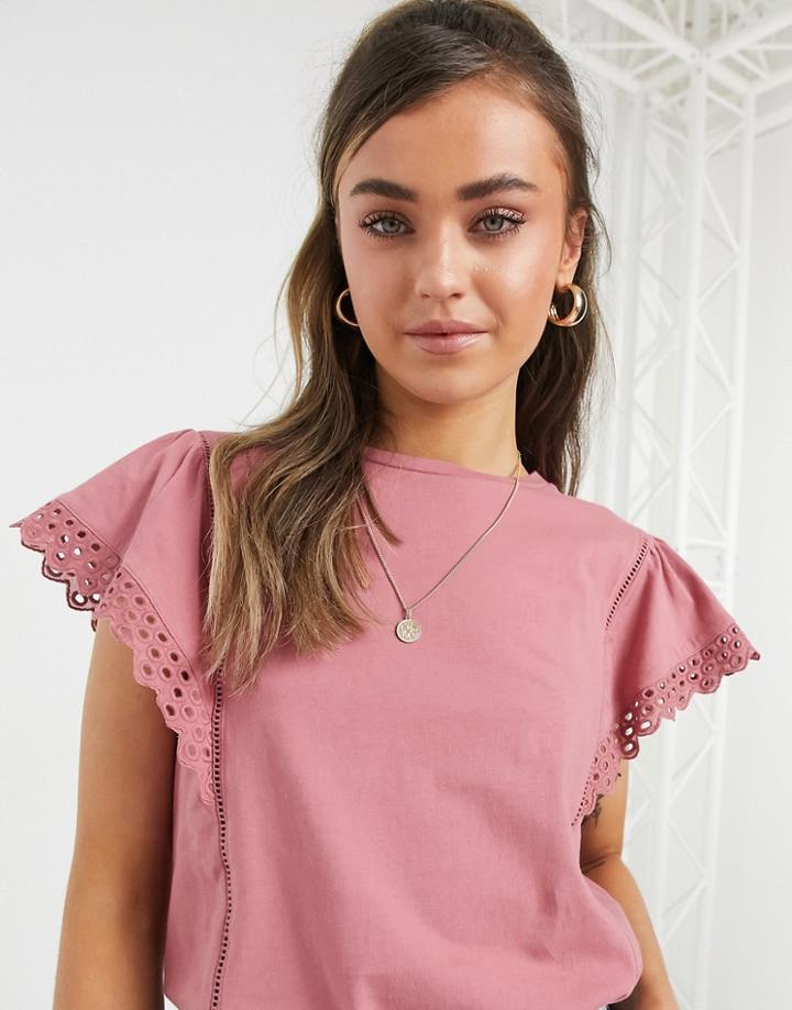 Oasis Eyelet Detail Ruffle Top In Dusky Pink