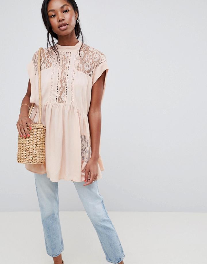 Asos Design Oversized Sleeveless Tunic With Lace Inserts - Pink