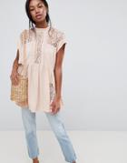 Asos Design Oversized Sleeveless Tunic With Lace Inserts - Pink