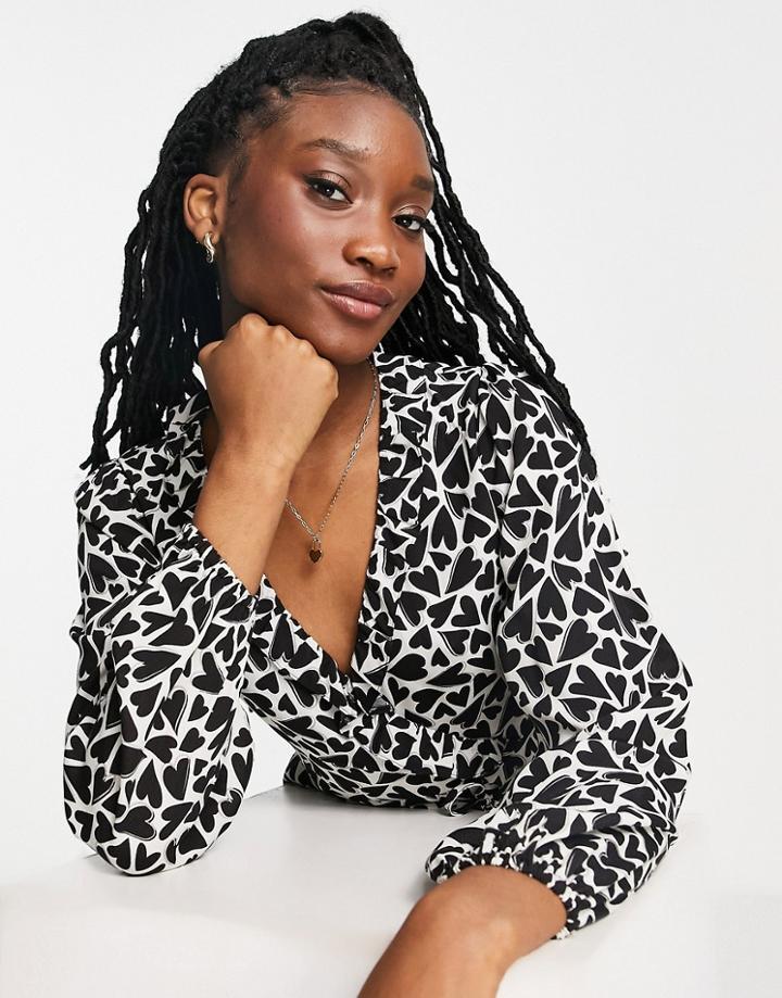 Miss Selfridge Wrap Blouse In Heart Print-black