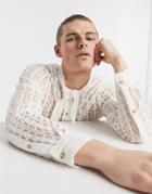 Asos Design Regular Shirt In Natural Lace With Tie Neck-white