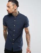 Asos Slim Shirt With Stretch & Grandad Collar - Navy