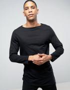 Asos Super Longline Long Sleeve T-shirt With Boat Neck In Black - Black