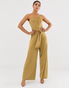 Asos Design Slinky Bandeau Jumpsuit With Tie Front-yellow