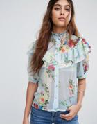 Asos Blouse With High Neck And Ruffle In Check Floral - Multi